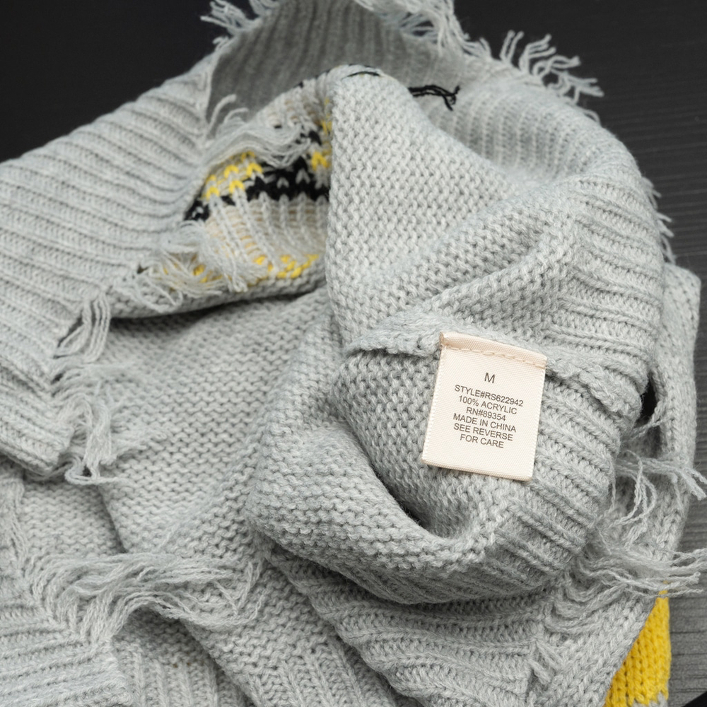 No Comment NY-LA Smiley Face Distressed Gray Knit Sweater - Picture 9 of 9